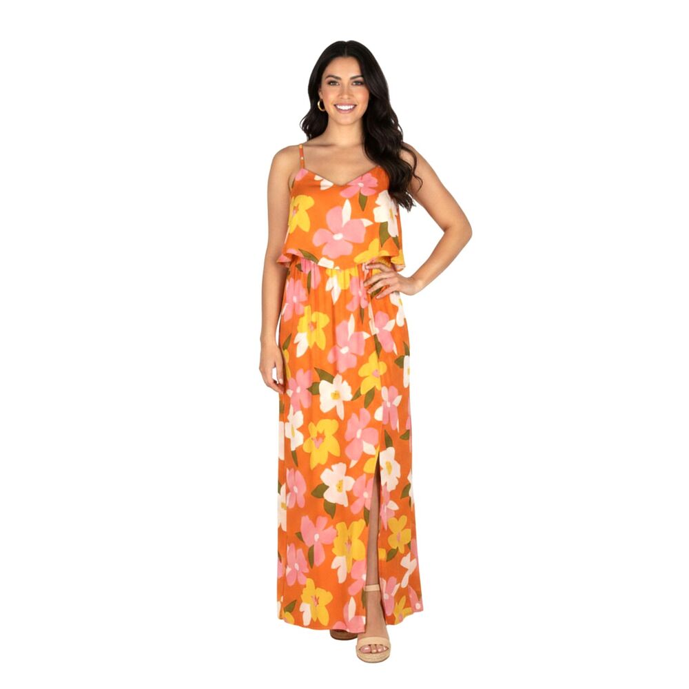 NWT Emily Wander‎ Women M Orange and Pink Floral High Low Maxi Dress Boho 70s